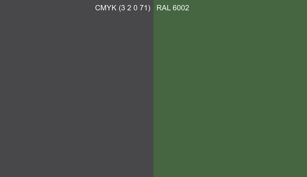 CMYK Color CMYK (3 2 0 71) vs RAL 6002 side by side comparison CMYK Color CMYK (3 2 0 71) vs RAL 6002 side by side comparison