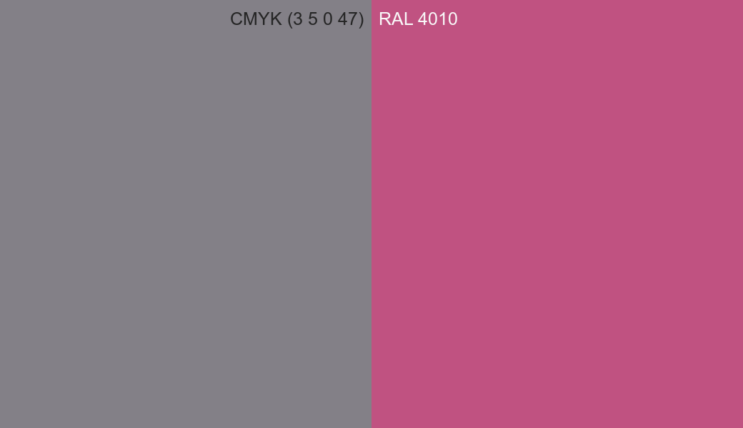 CMYK Color CMYK (3 5 0 47) vs RAL 4010 side by side comparison CMYK Color CMYK (3 5 0 47) vs RAL 4010 side by side comparison