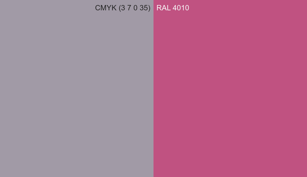 CMYK Color CMYK (3 7 0 35) vs RAL 4010 side by side comparison CMYK Color CMYK (3 7 0 35) vs RAL 4010 side by side comparison