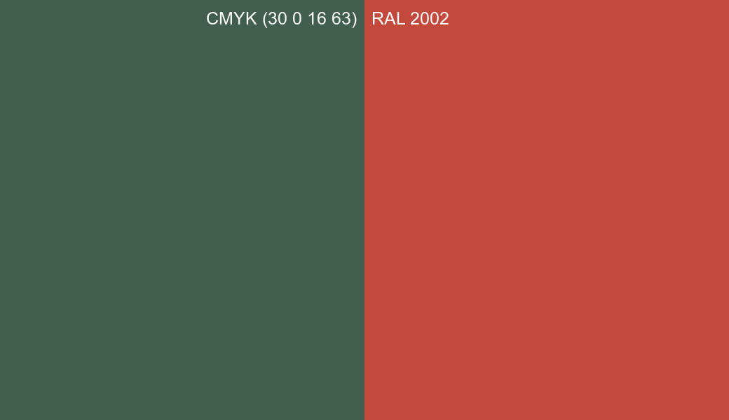CMYK Color CMYK (30 0 16 63) vs RAL 2002 side by side comparison CMYK Color CMYK (30 0 16 63) vs RAL 2002 side by side comparison