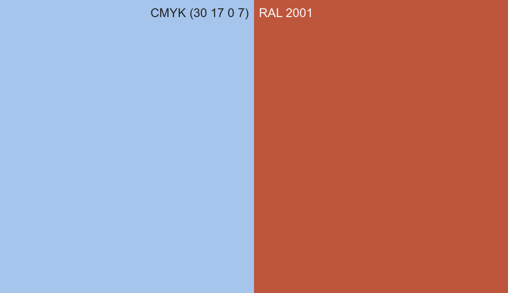 CMYK Color CMYK (30 17 0 7) vs RAL 2001 side by side comparison CMYK Color CMYK (30 17 0 7) vs RAL 2001 side by side comparison