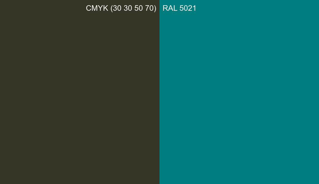 CMYK Color CMYK (30 30 50 70) vs RAL 5021 side by side comparison CMYK Color CMYK (30 30 50 70) vs RAL 5021 side by side comparison