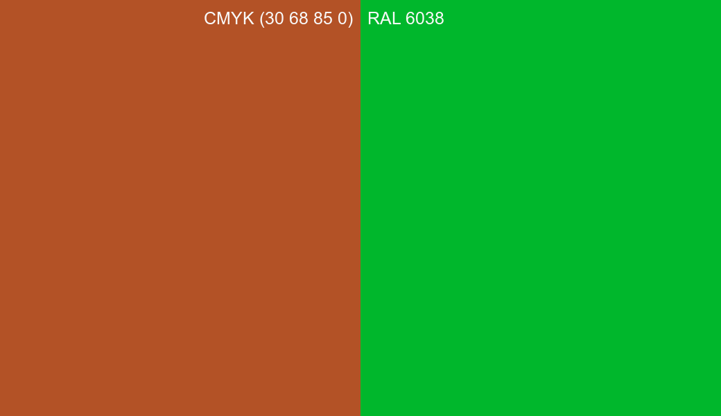 CMYK Color CMYK (30 68 85 0) vs RAL 6038 side by side comparison CMYK Color CMYK (30 68 85 0) vs RAL 6038 side by side comparison