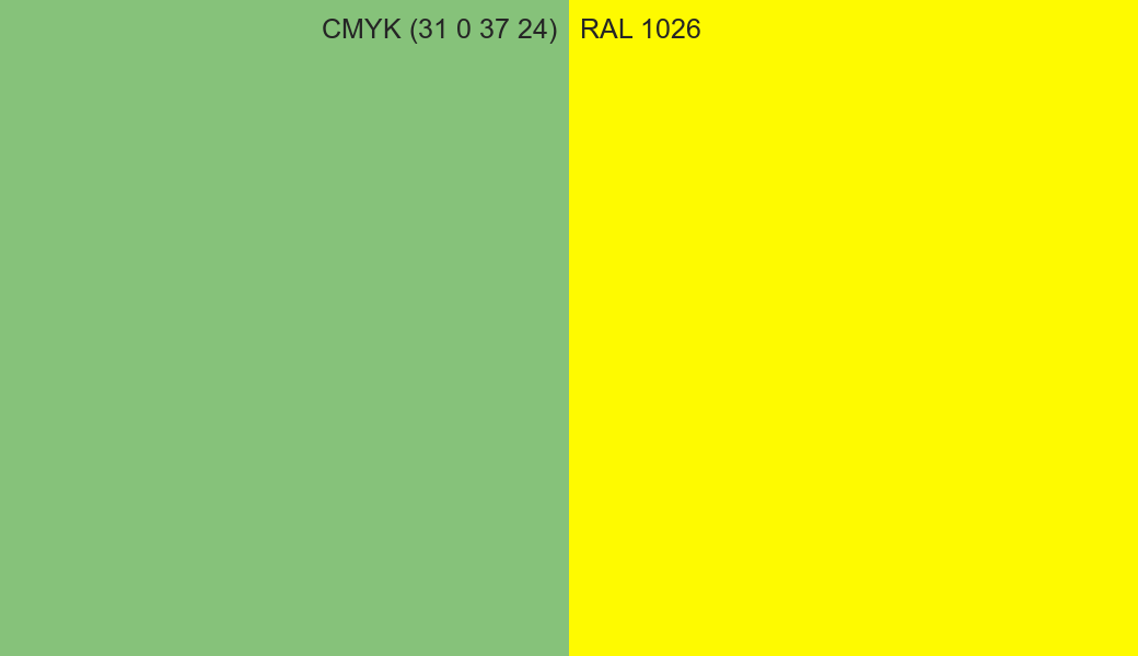 CMYK Color CMYK (31 0 37 24) vs RAL 1026 side by side comparison CMYK Color CMYK (31 0 37 24) vs RAL 1026 side by side comparison