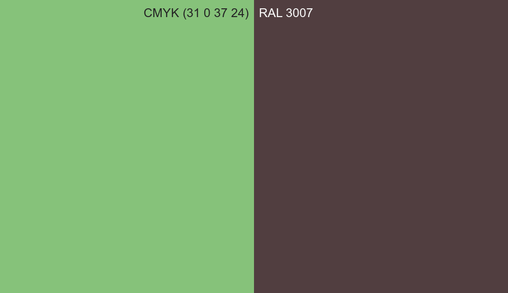 CMYK Color CMYK (31 0 37 24) vs RAL 3007 side by side comparison CMYK Color CMYK (31 0 37 24) vs RAL 3007 side by side comparison