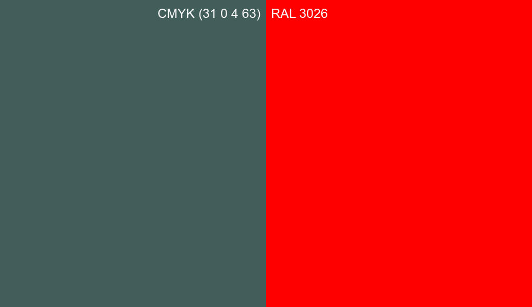 CMYK Color CMYK (31 0 4 63) vs RAL 3026 side by side comparison CMYK Color CMYK (31 0 4 63) vs RAL 3026 side by side comparison