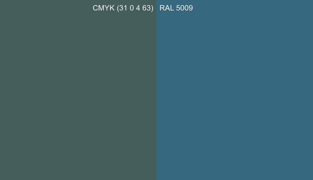 CMYK Color CMYK (31 0 4 63) vs RAL 5009 side by side comparison CMYK Color CMYK (31 0 4 63) vs RAL 5009 side by side comparison