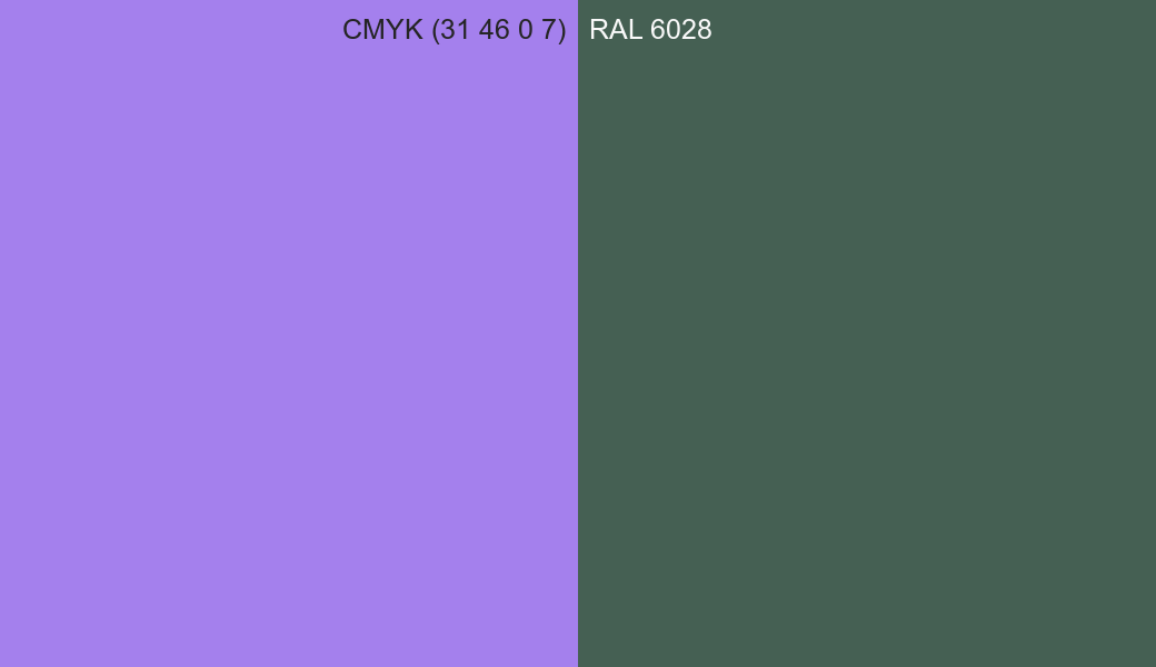CMYK Color CMYK (31 46 0 7) vs RAL 6028 side by side comparison CMYK Color CMYK (31 46 0 7) vs RAL 6028 side by side comparison