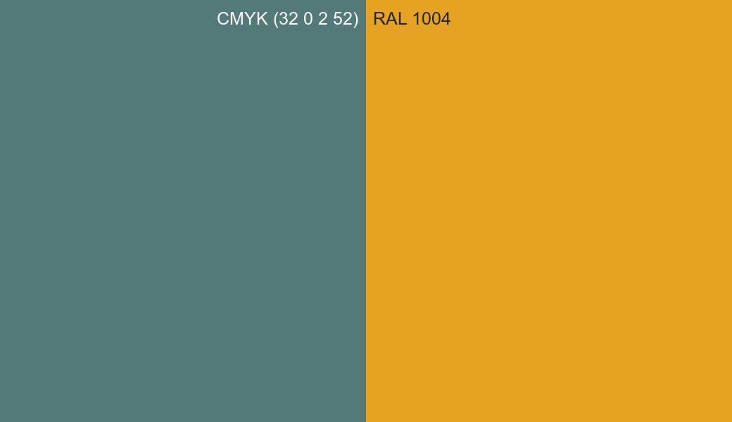 CMYK Color CMYK (32 0 2 52) vs RAL 1004 side by side comparison CMYK Color CMYK (32 0 2 52) vs RAL 1004 side by side comparison