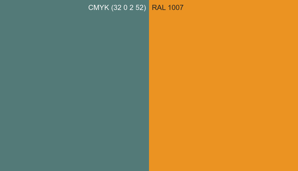 CMYK Color CMYK (32 0 2 52) vs RAL 1007 side by side comparison CMYK Color CMYK (32 0 2 52) vs RAL 1007 side by side comparison