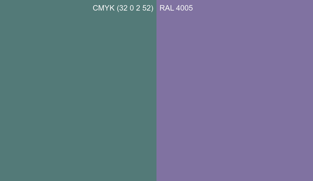 CMYK Color CMYK (32 0 2 52) vs RAL 4005 side by side comparison CMYK Color CMYK (32 0 2 52) vs RAL 4005 side by side comparison