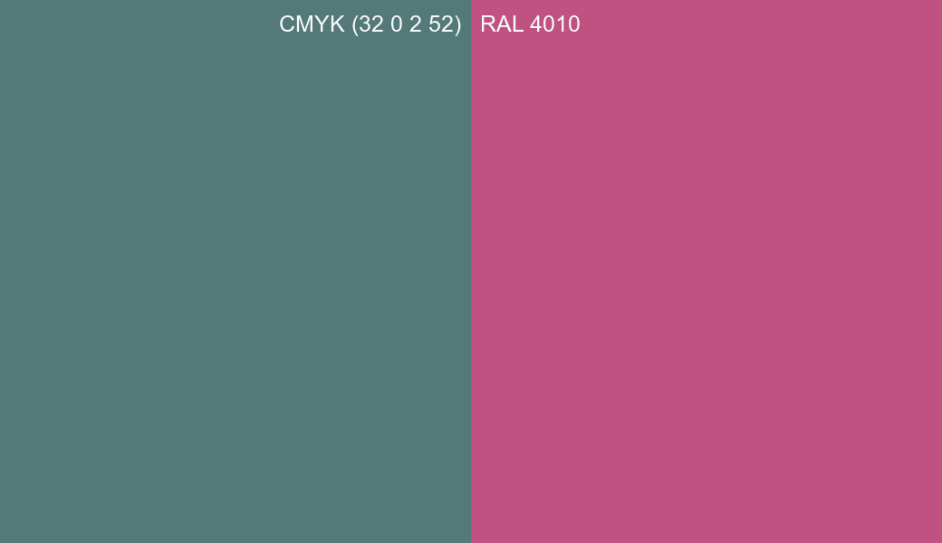 CMYK Color CMYK (32 0 2 52) vs RAL 4010 side by side comparison CMYK Color CMYK (32 0 2 52) vs RAL 4010 side by side comparison