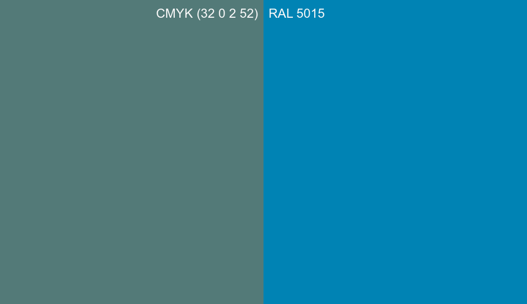 CMYK Color CMYK (32 0 2 52) vs RAL 5015 side by side comparison CMYK Color CMYK (32 0 2 52) vs RAL 5015 side by side comparison