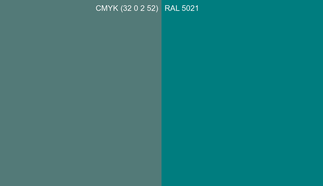 CMYK Color CMYK (32 0 2 52) vs RAL 5021 side by side comparison CMYK Color CMYK (32 0 2 52) vs RAL 5021 side by side comparison