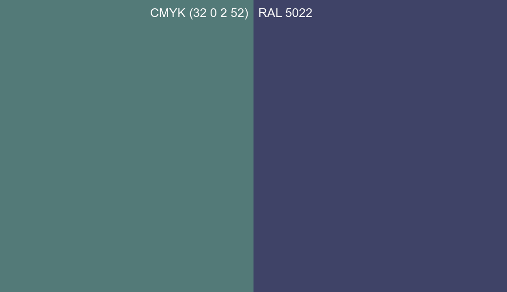 CMYK Color CMYK (32 0 2 52) vs RAL 5022 side by side comparison CMYK Color CMYK (32 0 2 52) vs RAL 5022 side by side comparison