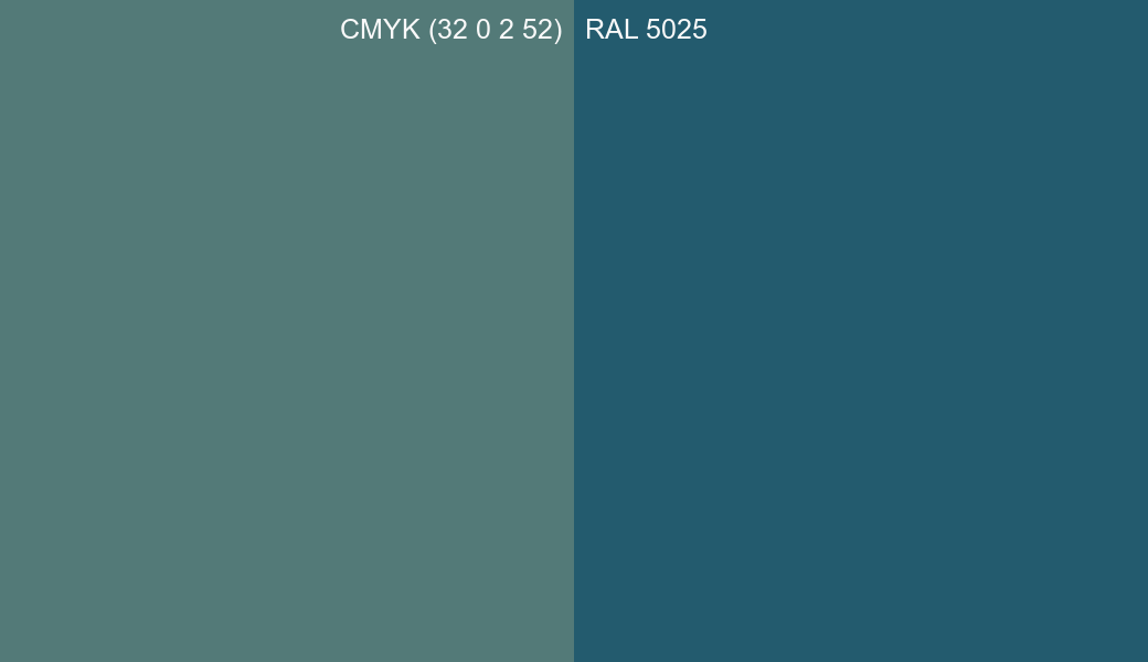 CMYK Color CMYK (32 0 2 52) vs RAL 5025 side by side comparison CMYK Color CMYK (32 0 2 52) vs RAL 5025 side by side comparison