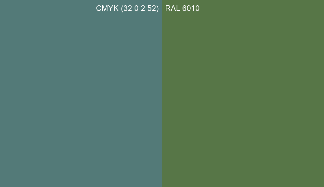 CMYK Color CMYK (32 0 2 52) vs RAL 6010 side by side comparison CMYK Color CMYK (32 0 2 52) vs RAL 6010 side by side comparison