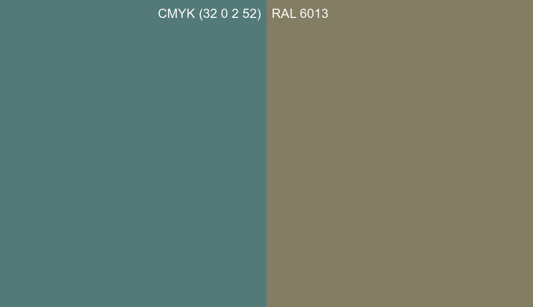 CMYK Color CMYK (32 0 2 52) vs RAL 6013 side by side comparison CMYK Color CMYK (32 0 2 52) vs RAL 6013 side by side comparison