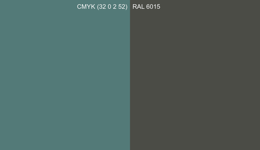 CMYK Color CMYK (32 0 2 52) vs RAL 6015 side by side comparison CMYK Color CMYK (32 0 2 52) vs RAL 6015 side by side comparison
