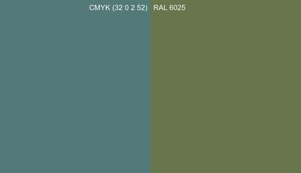 CMYK Color CMYK (32 0 2 52) vs RAL 6025 side by side comparison CMYK Color CMYK (32 0 2 52) vs RAL 6025 side by side comparison
