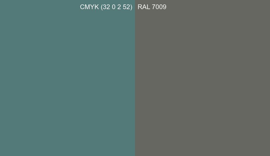 CMYK Color CMYK (32 0 2 52) vs RAL 7009 side by side comparison CMYK Color CMYK (32 0 2 52) vs RAL 7009 side by side comparison