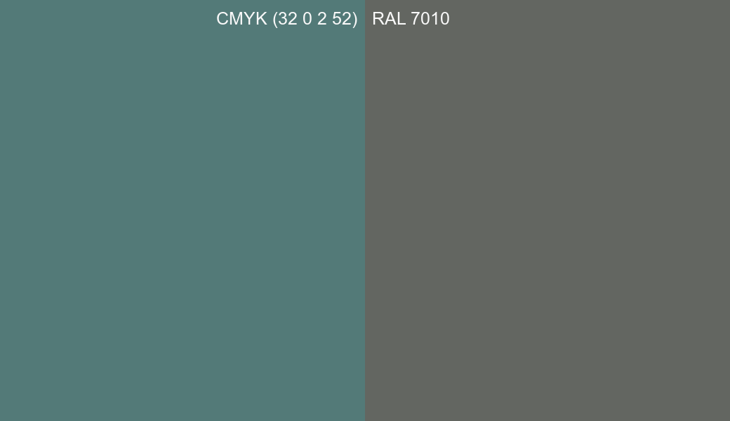 CMYK Color CMYK (32 0 2 52) vs RAL 7010 side by side comparison CMYK Color CMYK (32 0 2 52) vs RAL 7010 side by side comparison
