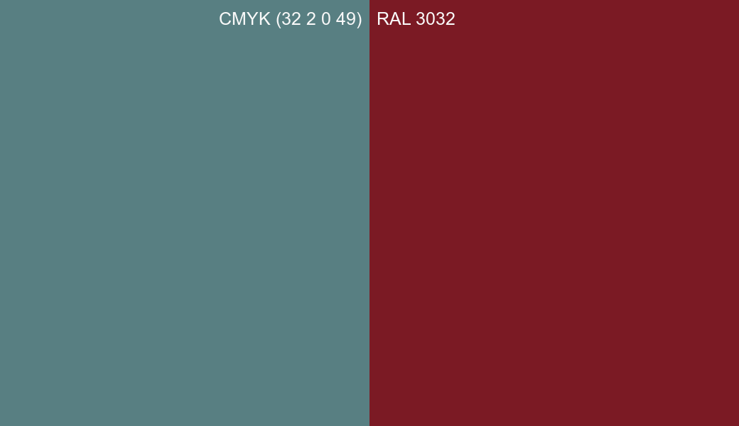 CMYK Color CMYK (32 2 0 49) vs RAL 3032 side by side comparison CMYK Color CMYK (32 2 0 49) vs RAL 3032 side by side comparison