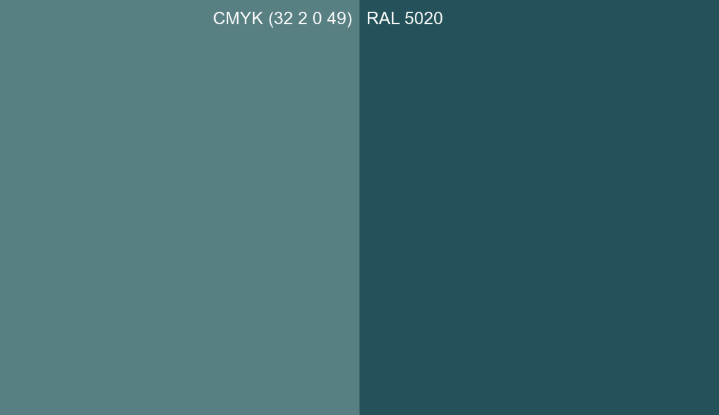 CMYK Color CMYK (32 2 0 49) vs RAL 5020 side by side comparison CMYK Color CMYK (32 2 0 49) vs RAL 5020 side by side comparison