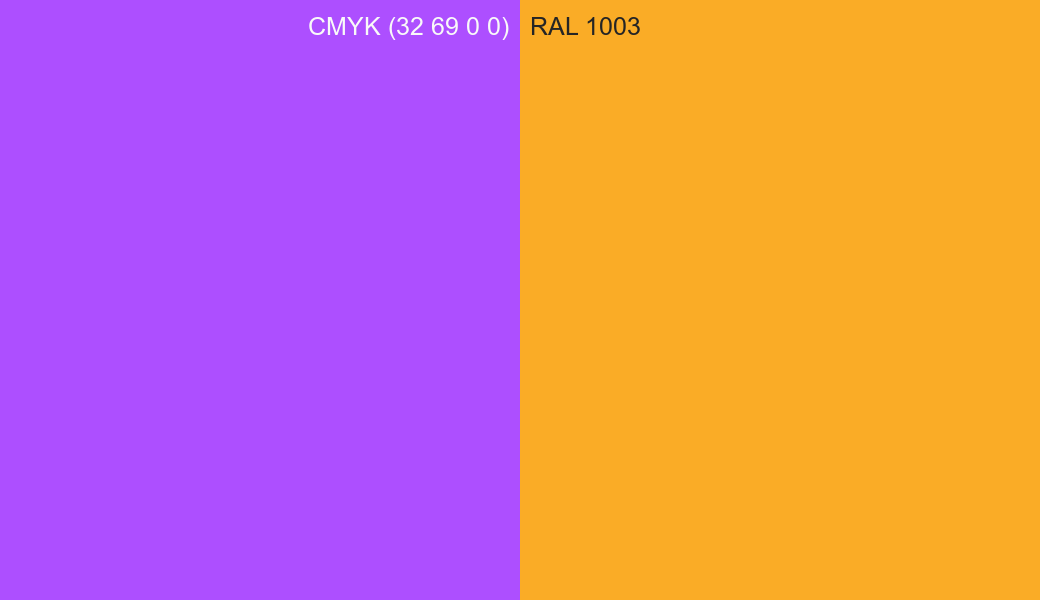 CMYK Color CMYK (32 69 0 0) vs RAL 1003 side by side comparison CMYK Color CMYK (32 69 0 0) vs RAL 1003 side by side comparison