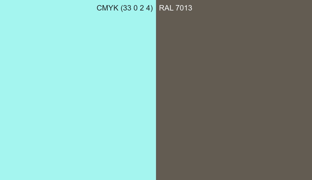 CMYK Color CMYK (33 0 2 4) vs RAL 7013 side by side comparison CMYK Color CMYK (33 0 2 4) vs RAL 7013 side by side comparison