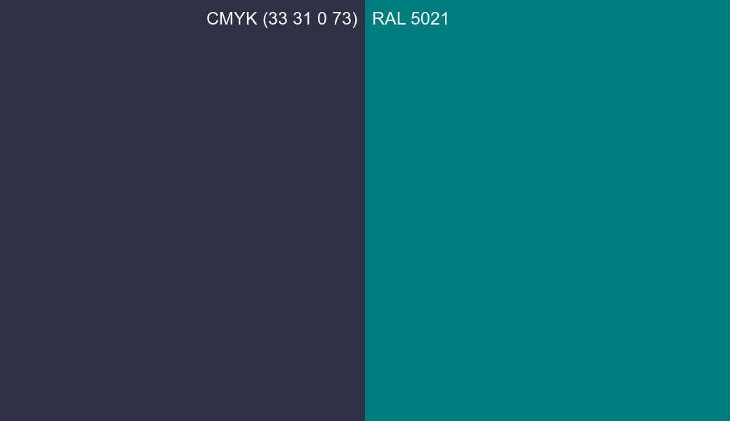 CMYK Color CMYK (33 31 0 73) vs RAL 5021 side by side comparison CMYK Color CMYK (33 31 0 73) vs RAL 5021 side by side comparison