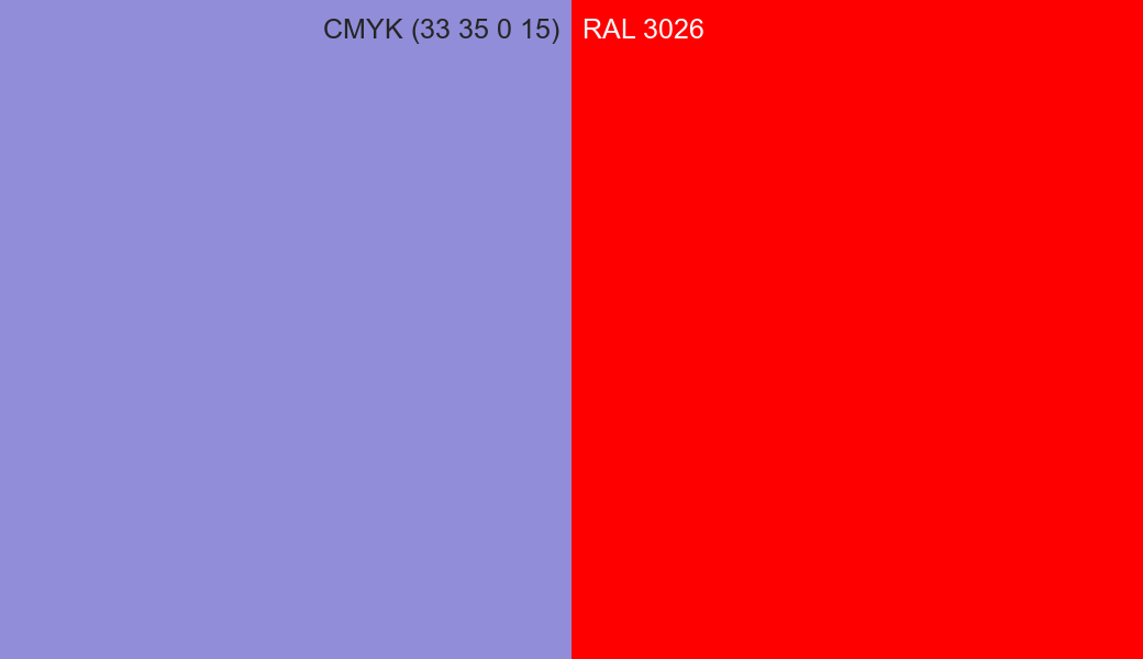 CMYK Color CMYK (33 35 0 15) vs RAL 3026 side by side comparison CMYK Color CMYK (33 35 0 15) vs RAL 3026 side by side comparison