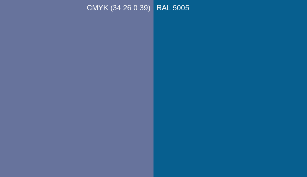 CMYK Color CMYK (34 26 0 39) vs RAL 5005 side by side comparison CMYK Color CMYK (34 26 0 39) vs RAL 5005 side by side comparison