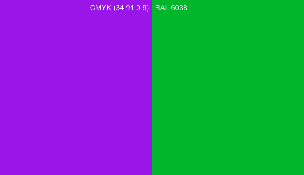 CMYK Color CMYK (34 91 0 9) vs RAL 6038 side by side comparison CMYK Color CMYK (34 91 0 9) vs RAL 6038 side by side comparison