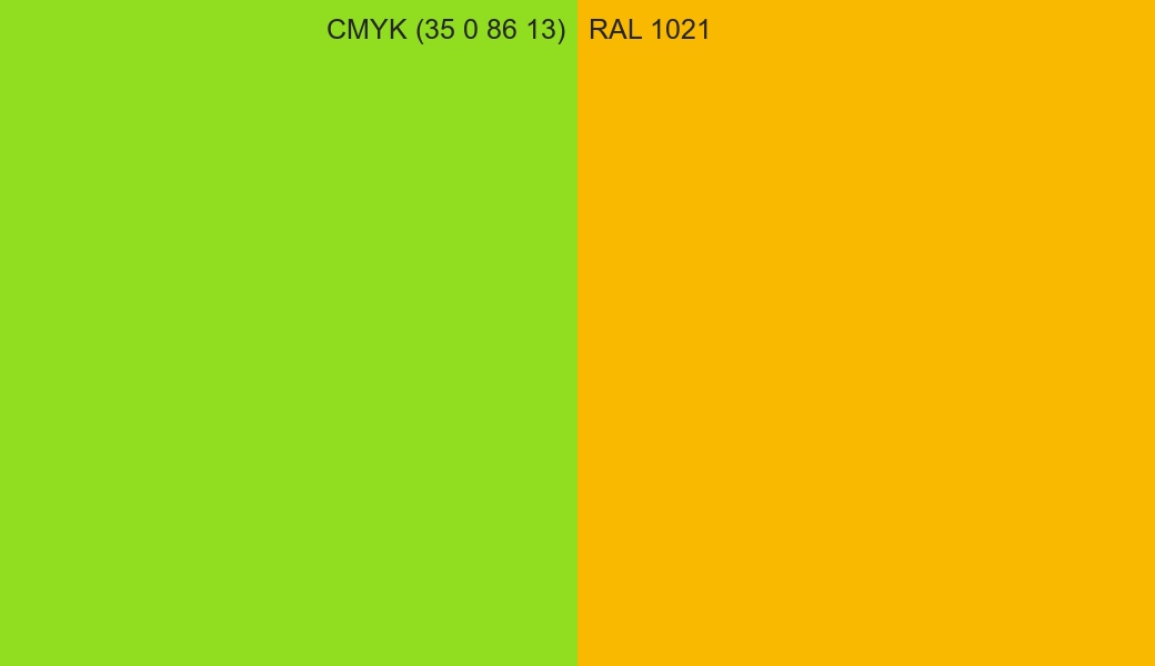 CMYK Color CMYK (35 0 86 13) vs RAL 1021 side by side comparison CMYK Color CMYK (35 0 86 13) vs RAL 1021 side by side comparison