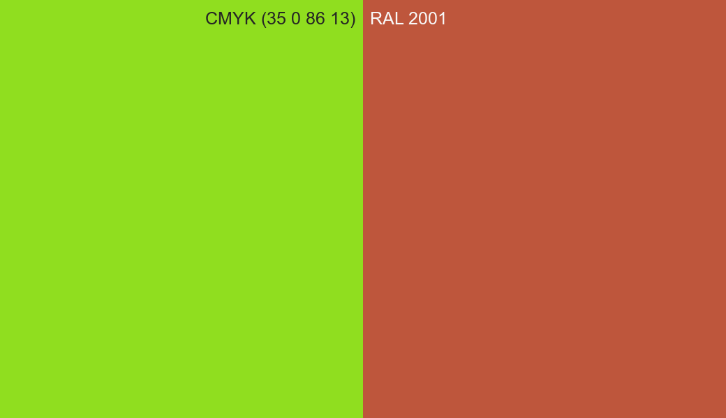 CMYK Color CMYK (35 0 86 13) vs RAL 2001 side by side comparison CMYK Color CMYK (35 0 86 13) vs RAL 2001 side by side comparison
