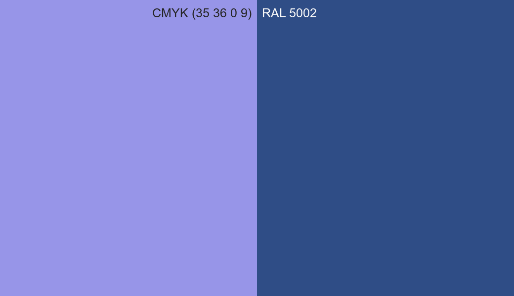 CMYK Color CMYK (35 36 0 9) vs RAL 5002 side by side comparison CMYK Color CMYK (35 36 0 9) vs RAL 5002 side by side comparison