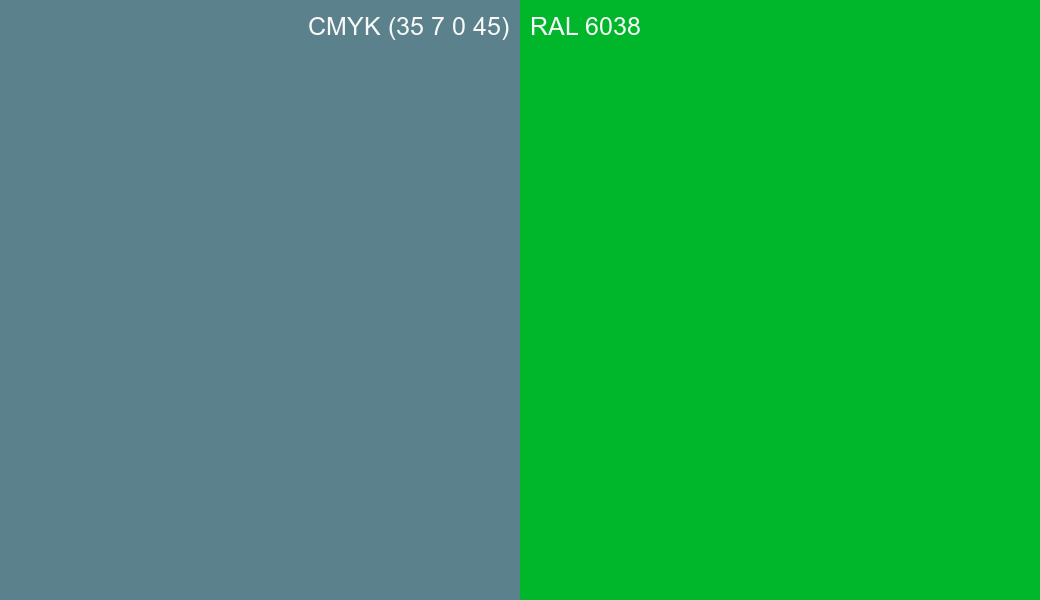 CMYK Color CMYK (35 7 0 45) vs RAL 6038 side by side comparison CMYK Color CMYK (35 7 0 45) vs RAL 6038 side by side comparison