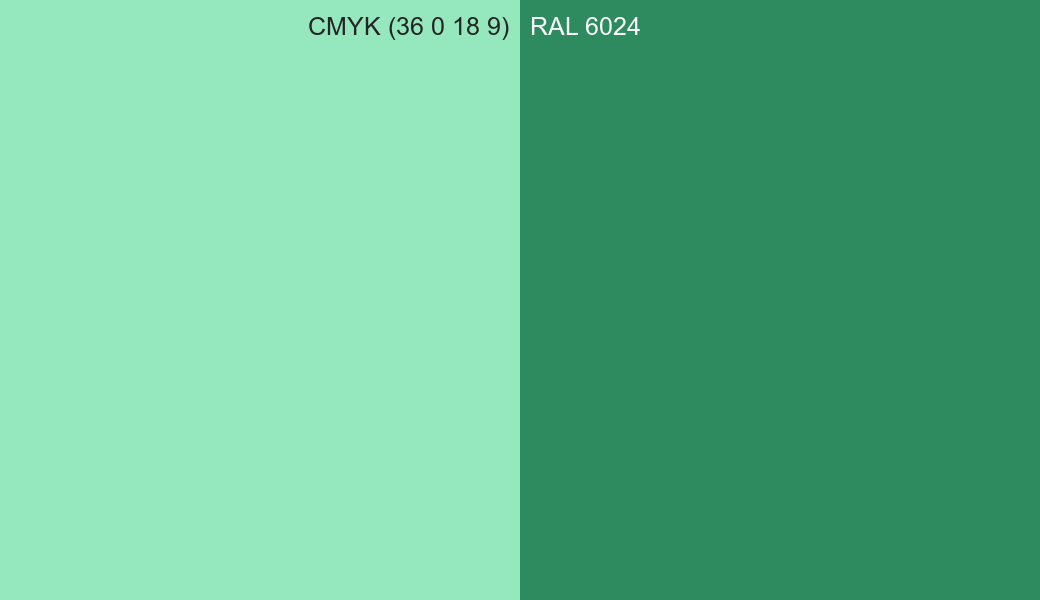 CMYK Color CMYK (36 0 18 9) vs RAL 6024 side by side comparison CMYK Color CMYK (36 0 18 9) vs RAL 6024 side by side comparison