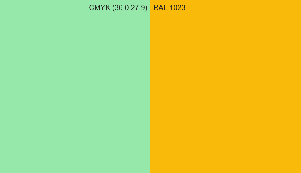 CMYK Color CMYK (36 0 27 9) vs RAL 1023 side by side comparison CMYK Color CMYK (36 0 27 9) vs RAL 1023 side by side comparison