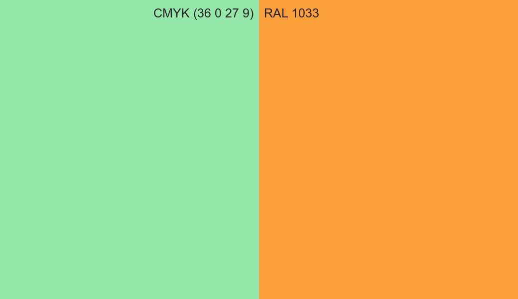 CMYK Color CMYK (36 0 27 9) vs RAL 1033 side by side comparison CMYK Color CMYK (36 0 27 9) vs RAL 1033 side by side comparison