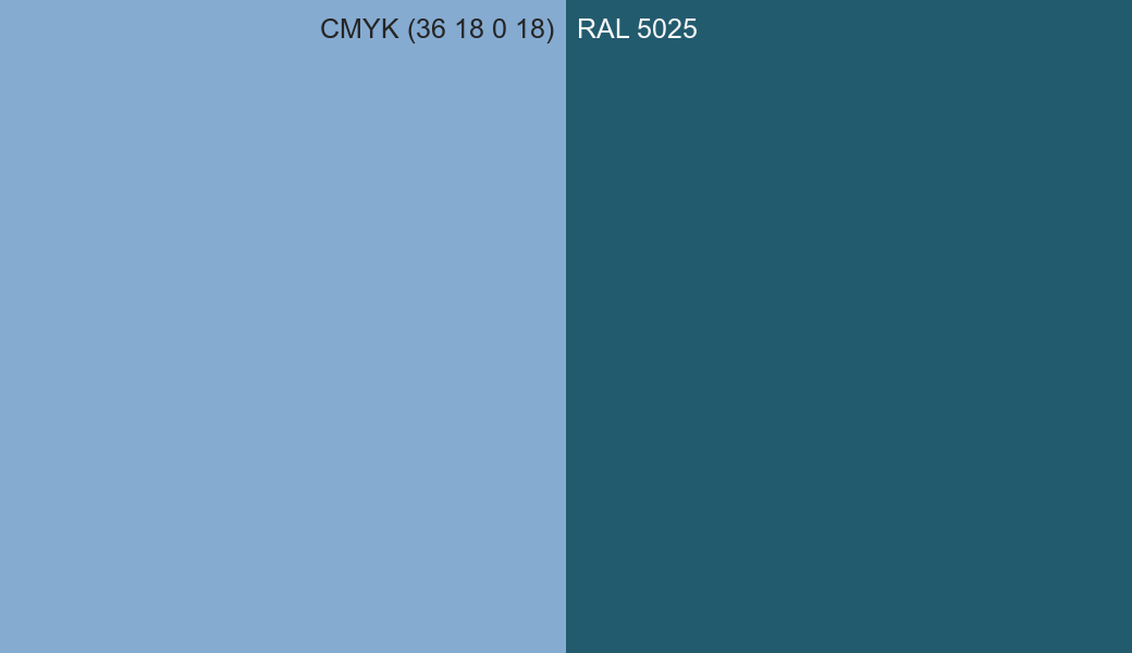 CMYK Color CMYK (36 18 0 18) vs RAL 5025 side by side comparison CMYK Color CMYK (36 18 0 18) vs RAL 5025 side by side comparison