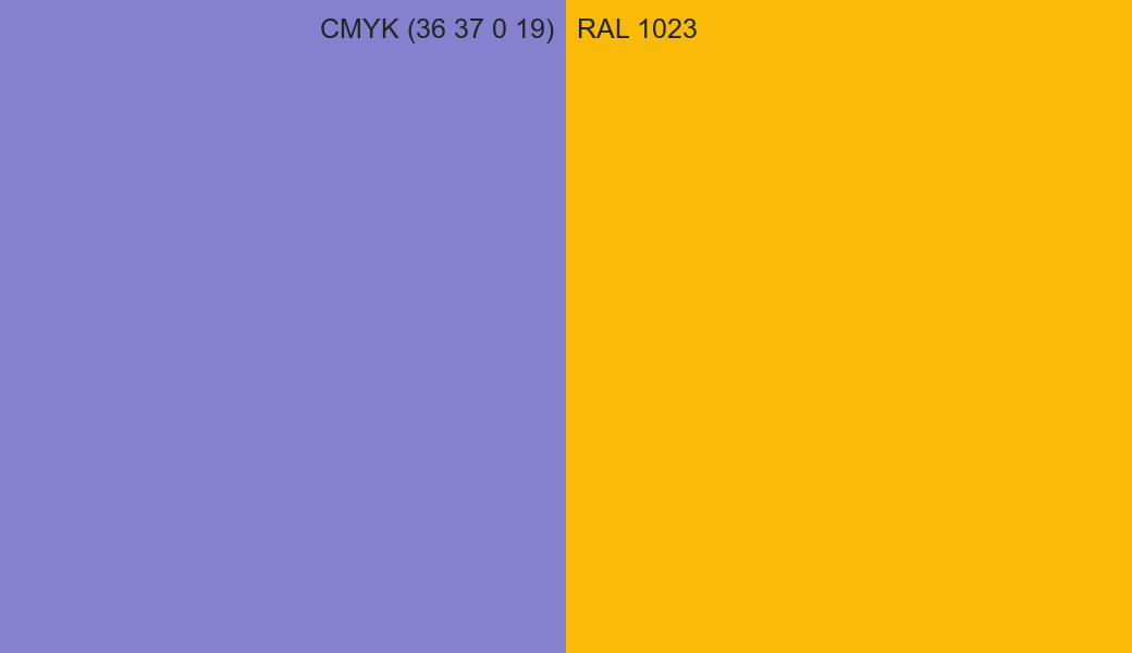CMYK Color CMYK (36 37 0 19) vs RAL 1023 side by side comparison CMYK Color CMYK (36 37 0 19) vs RAL 1023 side by side comparison