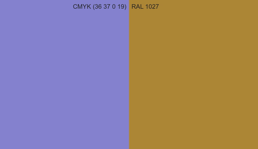 CMYK Color CMYK (36 37 0 19) vs RAL 1027 side by side comparison CMYK Color CMYK (36 37 0 19) vs RAL 1027 side by side comparison