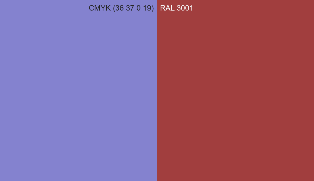 CMYK Color CMYK (36 37 0 19) vs RAL 3001 side by side comparison CMYK Color CMYK (36 37 0 19) vs RAL 3001 side by side comparison