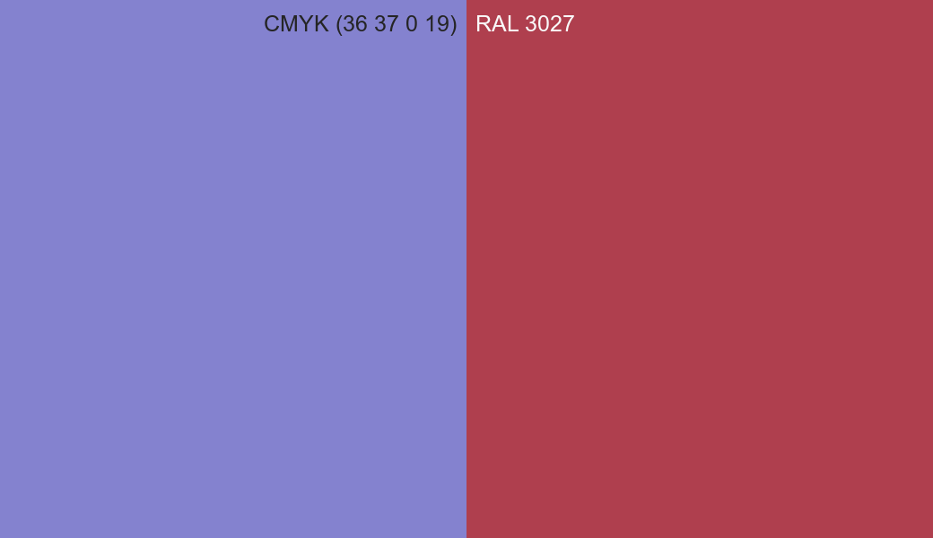CMYK Color CMYK (36 37 0 19) vs RAL 3027 side by side comparison CMYK Color CMYK (36 37 0 19) vs RAL 3027 side by side comparison