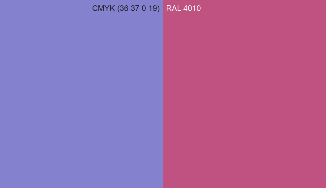 CMYK Color CMYK (36 37 0 19) vs RAL 4010 side by side comparison CMYK Color CMYK (36 37 0 19) vs RAL 4010 side by side comparison