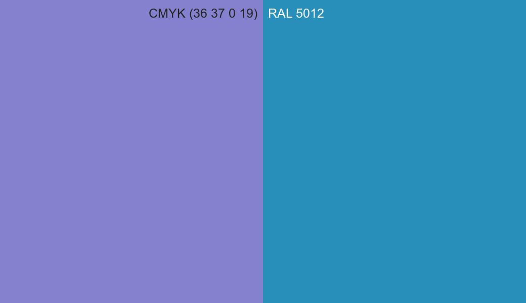 CMYK Color CMYK (36 37 0 19) vs RAL 5012 side by side comparison CMYK Color CMYK (36 37 0 19) vs RAL 5012 side by side comparison