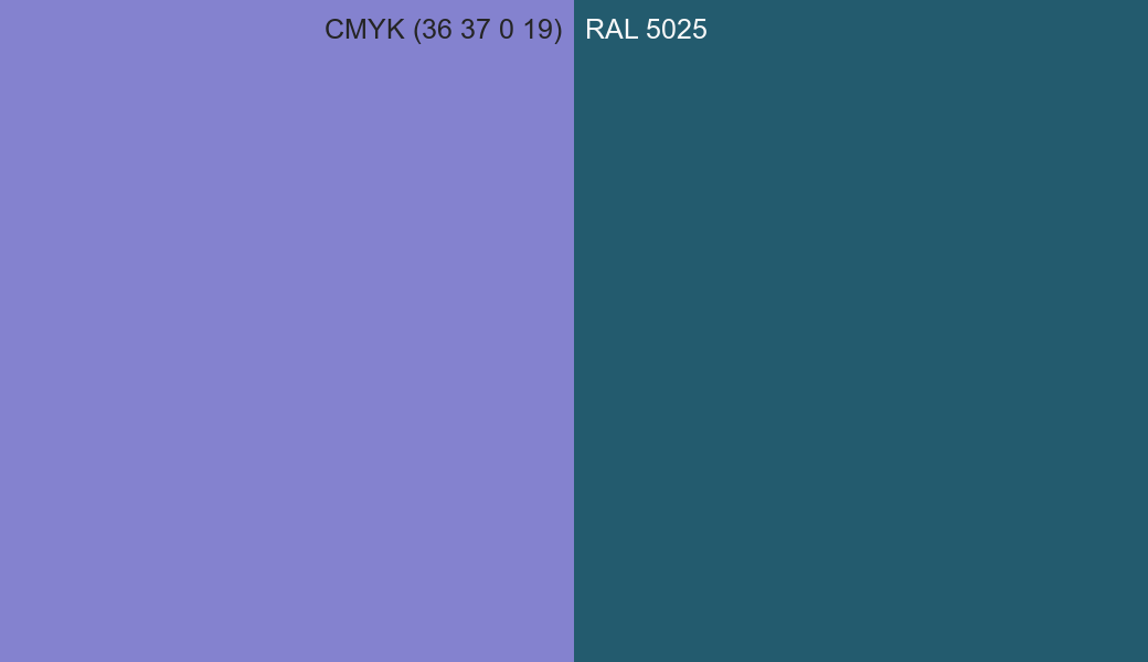 CMYK Color CMYK (36 37 0 19) vs RAL 5025 side by side comparison CMYK Color CMYK (36 37 0 19) vs RAL 5025 side by side comparison