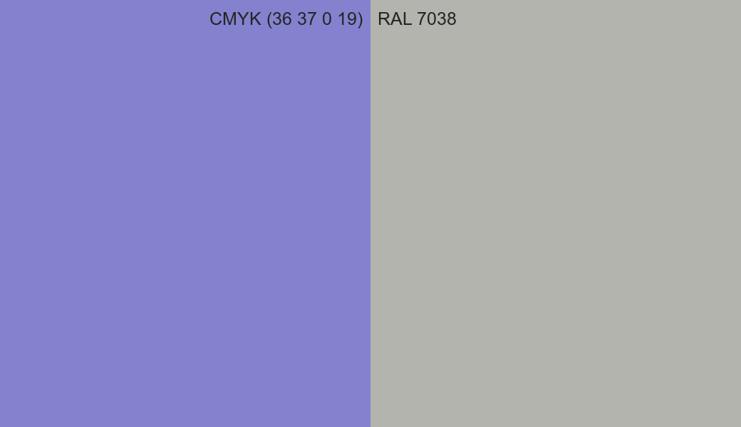 CMYK Color CMYK (36 37 0 19) vs RAL 7038 side by side comparison CMYK Color CMYK (36 37 0 19) vs RAL 7038 side by side comparison